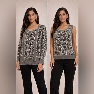 90s Jones New York Black & White Floral Knit Sweater Set – Cardigan & Shell Top